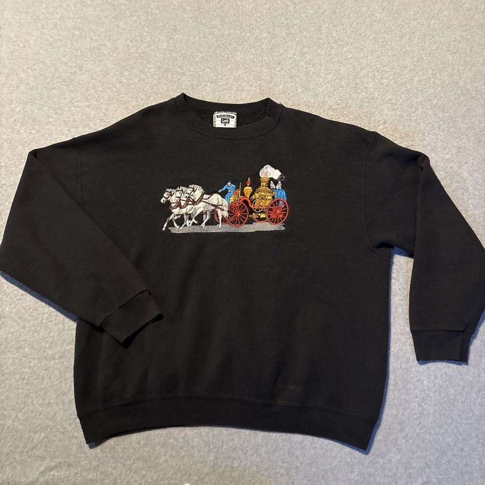 Vintage Heavyweight LEE XL Crew Neck Sweater Black Horse Fire Engine RARE